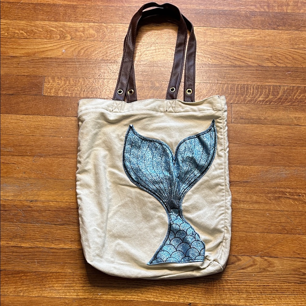 Mermaid Tail Canvas Tote Bag - Cream and Blue